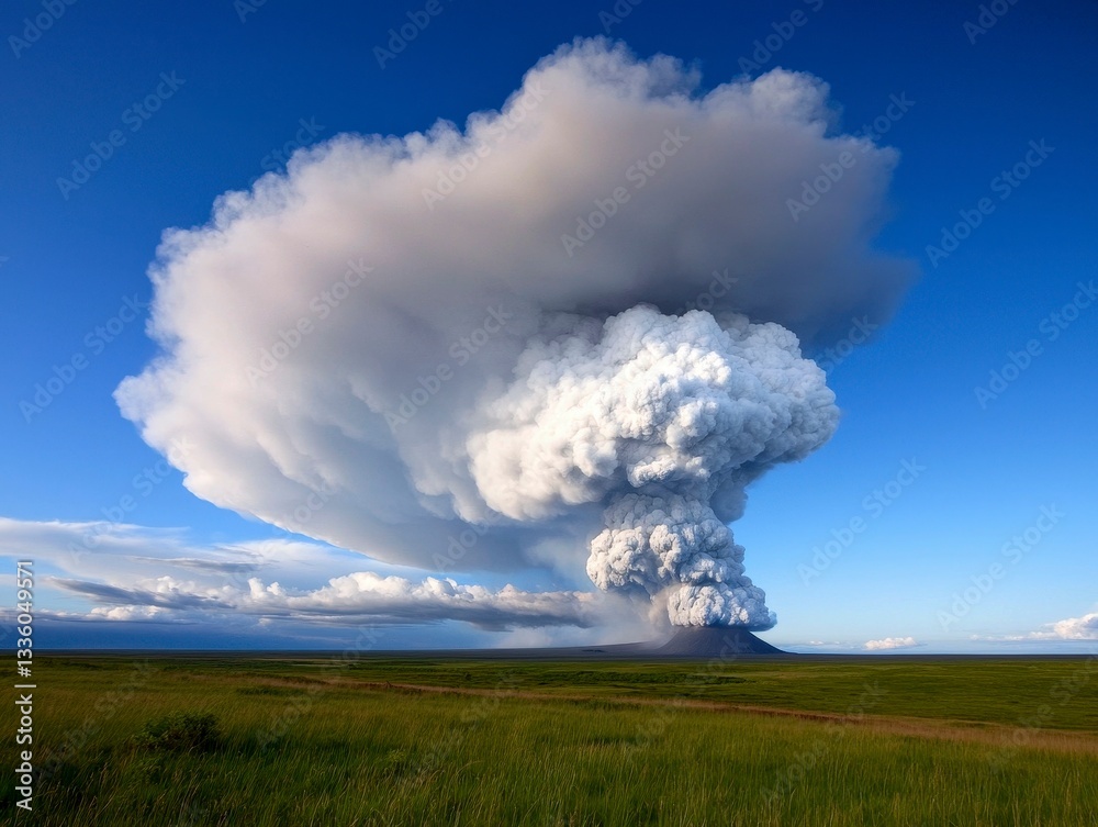 Explosive Volcanic Eruption Ash Cloud Ascending Over Green Field Under a Blue Sky Environment Explosive Volcanic Eruption Ash Cloud Ascending Over Green Field Under a Blue Sky Environment