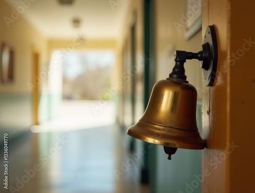 Close-up of a shiny school bell ringing in a hallway, soft light, school’s out anticipation vibe