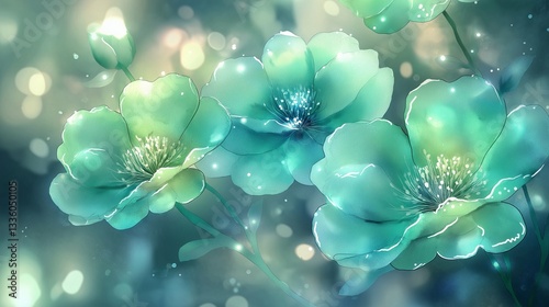 Watercolor floral composition of soft emerald green and cyan flowers, glowing petals with morning dew, mystical botanical fantasy, dreamy blurred background.