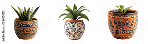 Set of decorative ceramic plant pot, hand-painted patterns, terracotta texture perfect for interior home decoration, white background, cut out, png