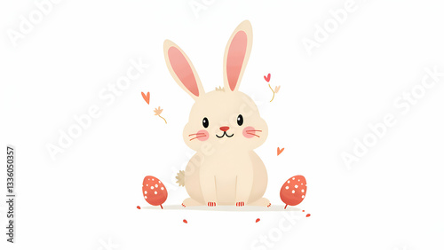 Cute cartoon bunny, fluffy cream fur, long pink ears, adorable expression, sitting pose, small red strawberries, pink heart shapes, white background, soft pastel colors, kawaii style, children's book 