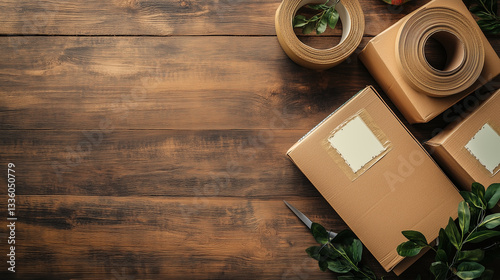 Packaging Essentials on Wooden Surface, Scissors, Packing Tape, Labels, and Cardboard Boxes for Delivery Service Concept