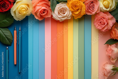 Event Planning Setup on Clean Desk, Notepad, Flower Samples, Colored Pens, and Invitation Cards for Elegant Branding Concept