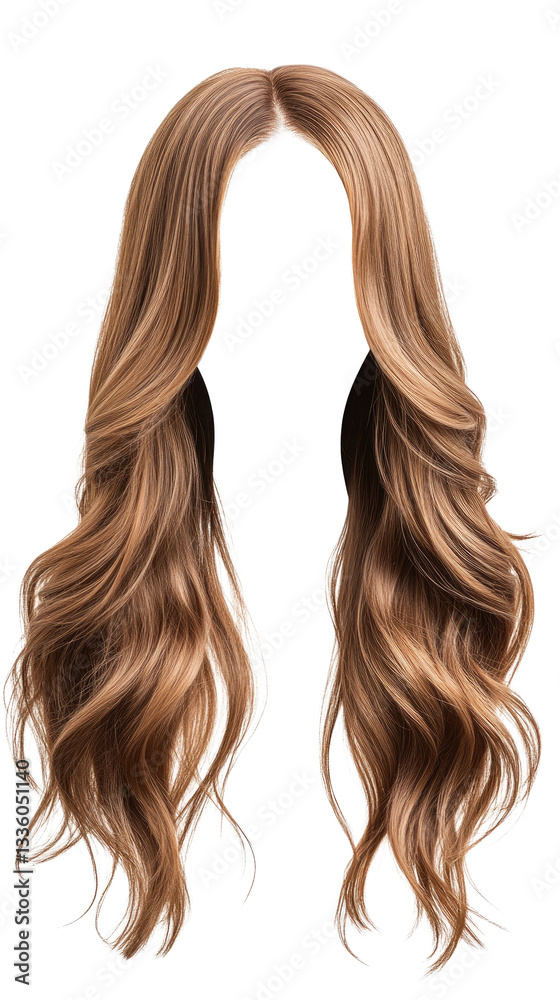 Naklejka premium A vibrant display of long, wavy hair in a light brown shade. The hair features soft curls and a natural shine, ideal for adding elegance to different styles and events