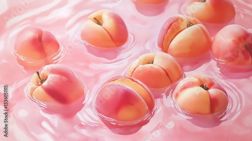 Watercolor painting of fresh nectarines floating in pink liquid, soft ripples, delicate brush strokes, high realism, refreshing summer aesthetic.