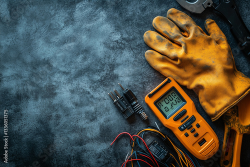 Electrical Tools on Concrete Surface, Multimeter, Insulated Gloves, Wire Cutters, and Fuses for Electrical Work Concept