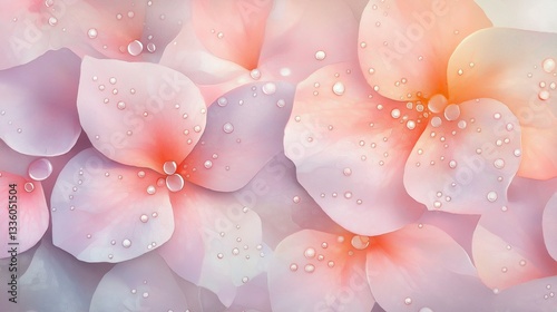Watercolor painting of soft pink and rose gold flowers with a magical glow, petals covered in raindrops, soft dreamy floral scene, whimsical background.