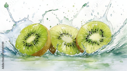 Watercolor painting of splashing kiwi slices, soft liquid motion, intricate color blending, realistic textures, dynamic flow, fresh and lively green hues.
