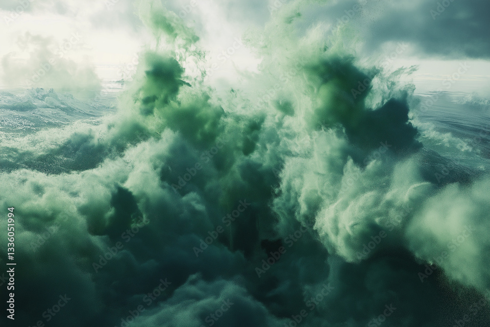 Naklejka premium Epic Cinematic Still of Green Smoke Forming a Dragon's Head Mysterious Dark Water Scene Shot on Arri Alexa for Ultra-Realistic Visuals Fantasy-Inspired High-Resolution Photography