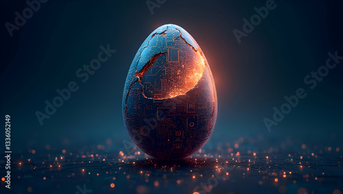 cosmic egg, glowing alien embryo, bioluminescent patterns, dark background, reflective surface, ethereal light, otherworldly, sci-fi concept, intricate details, mysterious atmosphere, neon colors