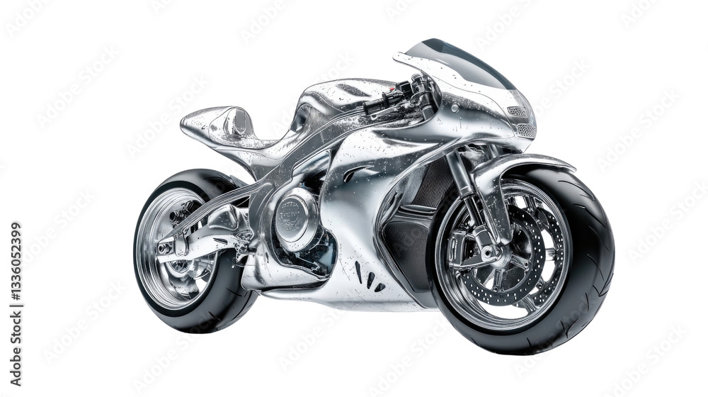 This remarkable chrome motorcycle stands out with its futuristic design and polished surface, capturing attention at a contemporary vehicle exhibition This remarkable chrome motorcycle stands out with its futuristic design and polished surface, capturing attention at a contemporary vehicle exhibition