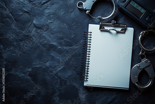 Badge, Handcuffs, Radio, and Notepad on Dark Surface with Space for Official Branding or Text