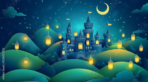 Whimsical fantasy castle, papercut art, soft rounded hills, glowing lanterns, dark blue sky, moon and stars, peaceful and magical atmosphere.