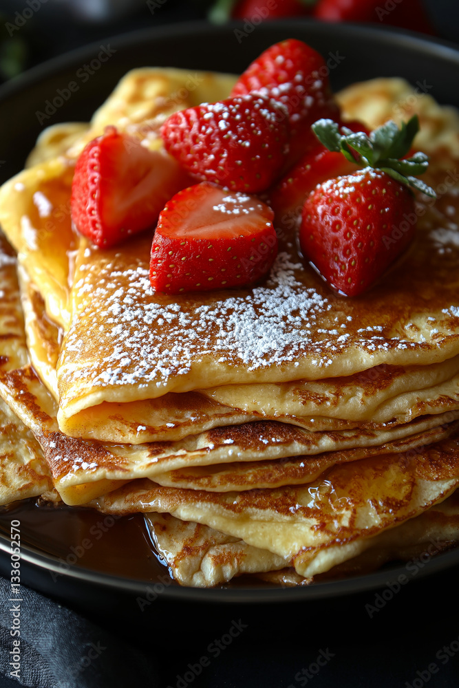 Delicious french toast crepes are topped with fresh strawberries, maple syrup and powdered sugar, creating a tempting breakfast treat. Delicious french toast crepes are topped with fresh strawberries, maple syrup and powdered sugar, creating a tempting breakfast treat.