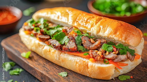 Savory meat sandwich topped with fresh herbs and vegetables on a wooden board