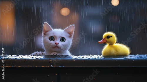 White kitten peeks out of a bin, cute yellow duckling staring, raindrops visible, evening urban background, soft cartoon aesthetic.