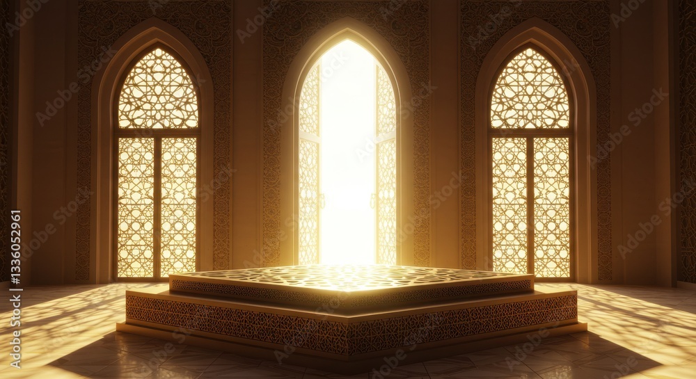 Fototapeta premium Serene Sunlight Illuminating Ornate Islamic Architecture Interior