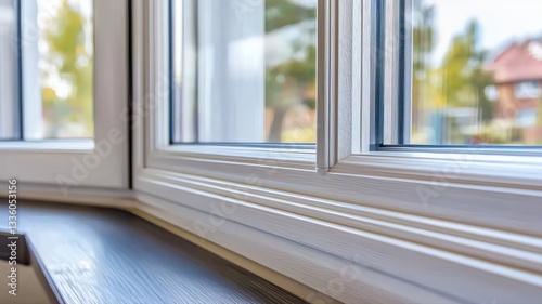 Close-up of a carpenter precisely cutting wooden trim to fit around windows and doors, showcasing skilled craftsmanship and detailed interior finishing work in residential construction.
