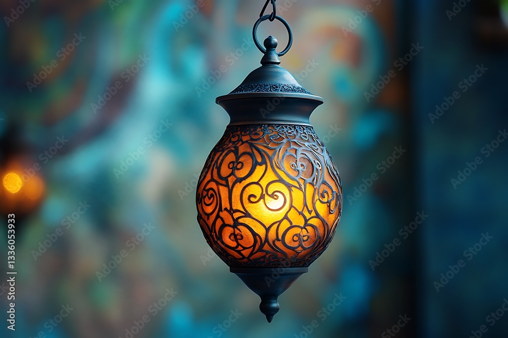 Ornate Metal Lantern Glowing Warmly Ornate Metal Lantern Glowing Warmly