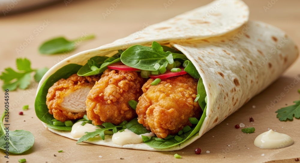 Delicious Crispy Chicken Tenders in a Fresh Tortilla Wrap with Greens and Sauce Delicious Crispy Chicken Tenders in a Fresh Tortilla Wrap with Greens and Sauce