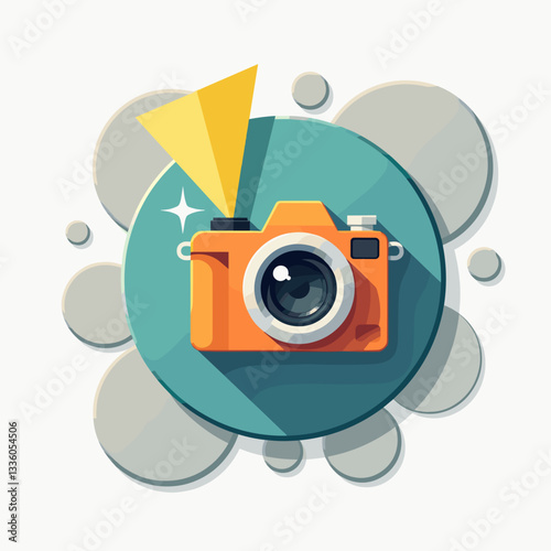 Vibrant orange camera flashing light on teal background, graphic design