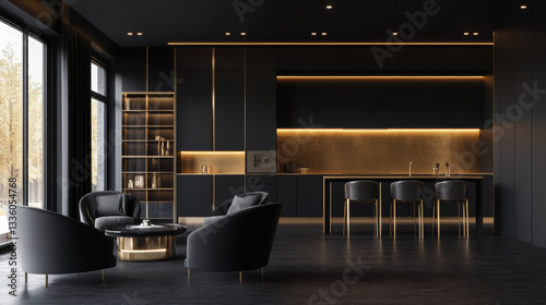 mock-up 3d architecture design featuring a high-end modern home. Gold highlights, black background with professional styling