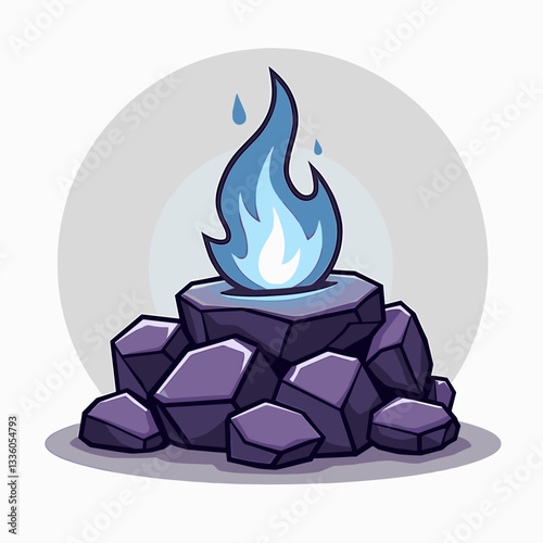 Blue fire burning on rocks, mystical magical flame, supernatural energy, fantasy element