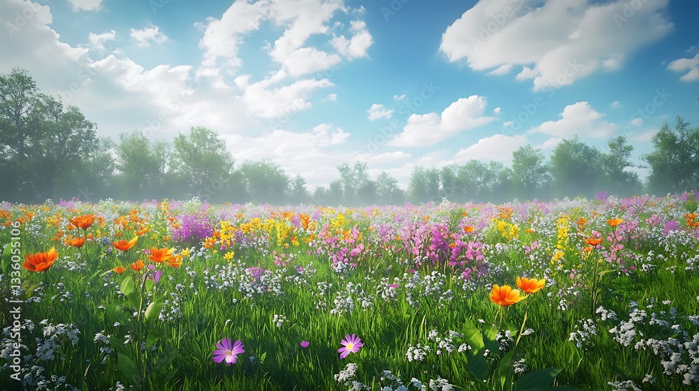 Obraz premium Colorful Wildflower Meadow Under a Bright Blue Sky with Puffy Clouds