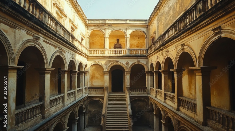 Fototapeta premium Exploring cultural heritage sites historical architecture in an abandoned courtyard outdoor wide-angle view