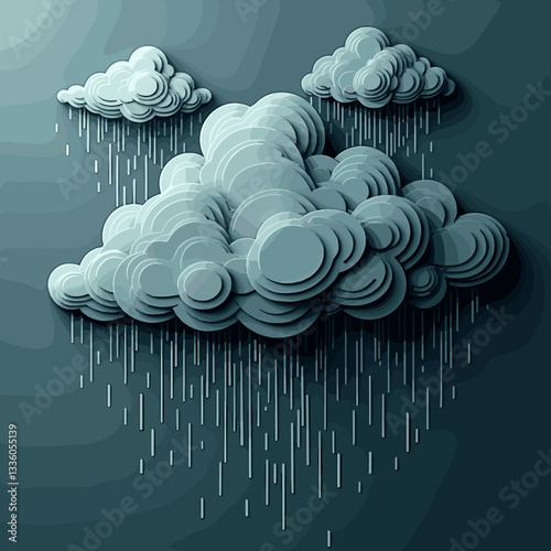 Stylized dark storm clouds raining in layered 3D depiction, weather concept