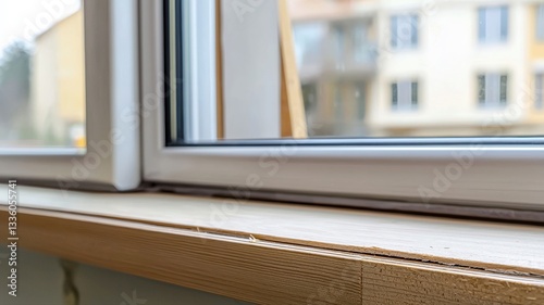 Close-up of a carpenter precisely cutting wooden trim to fit around windows and doors, showcasing skilled craftsmanship and detailed interior finishing work in residential construction.
