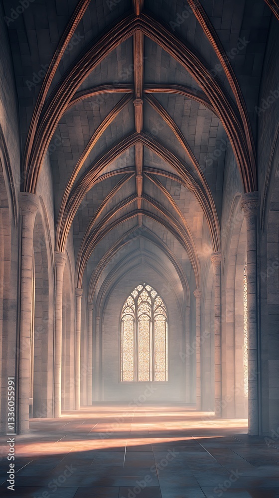 Impressive Interior of a Gothic Cathedral with Illuminated Stained Glass Windows Impressive Interior of a Gothic Cathedral with Illuminated Stained Glass Windows