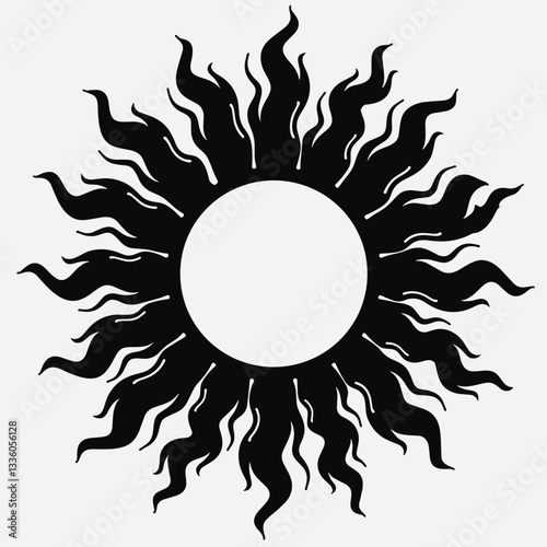 Radiant sun icon with curling rays in monochrome style, symbolism of energy