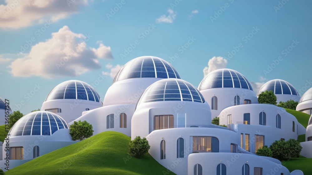 Obraz premium A cutting-edge sustainable city model built in a desert environment, featuring solar-powered smart homes