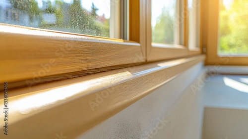 Close-up of a carpenter precisely cutting wooden trim to fit around windows and doors, showcasing skilled craftsmanship and detailed interior finishing work in residential construction.
