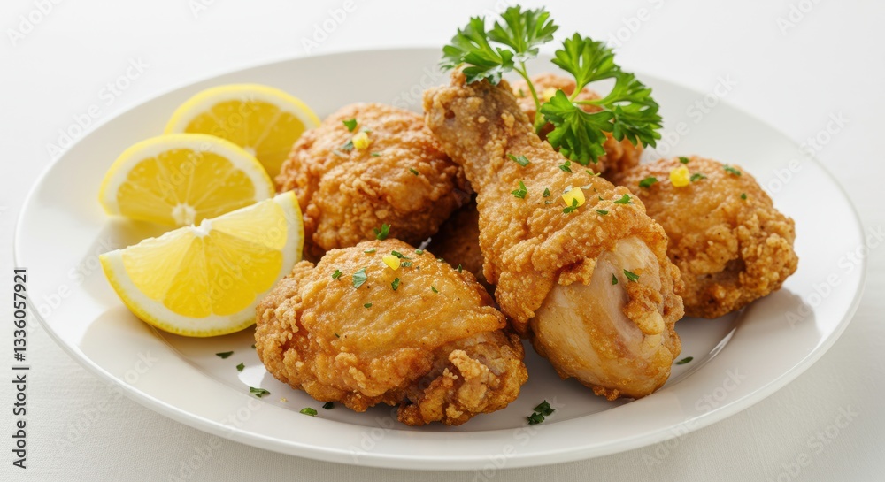 Crispy Fried Chicken Pieces with Lemon Parsley Garnish on White Plate Crispy Fried Chicken Pieces with Lemon Parsley Garnish on White Plate