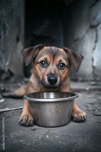 A cute, brown puppy looks hopefully at the viewer, positioned behind a stainless steel bowl on a concrete floor in a dim, textured area.