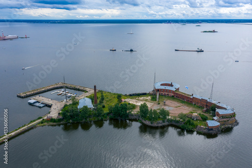 Aerial view of Fort Peter the First Citadel in Kronstadt. Kronstadt defensive fortress made of red brick. The waters of the Gulf of Finland, the movement of ships