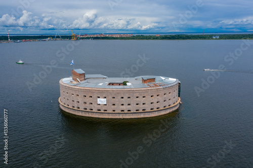 View from a height of Fort Alexander the first Plague Kronstadt fortress in the waters of the Gulf of Finland, the island of forts