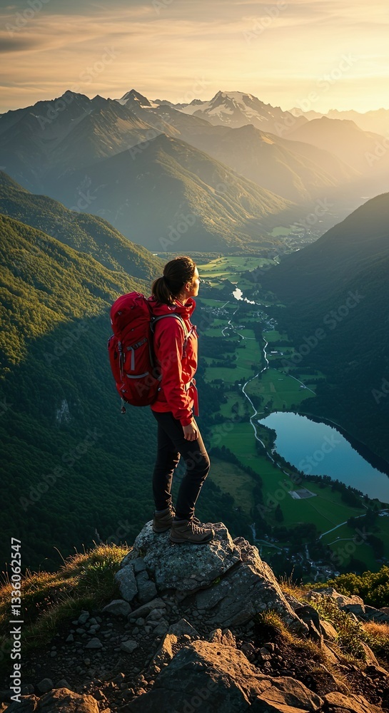 Obraz premium Hiker Standing on Mountain Trail Overlooking Scenic Valley at Sunset