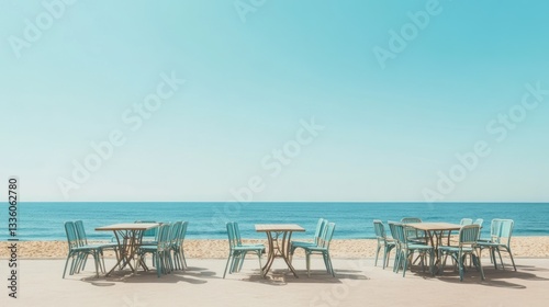 Empty beach cafe tables under clear sky