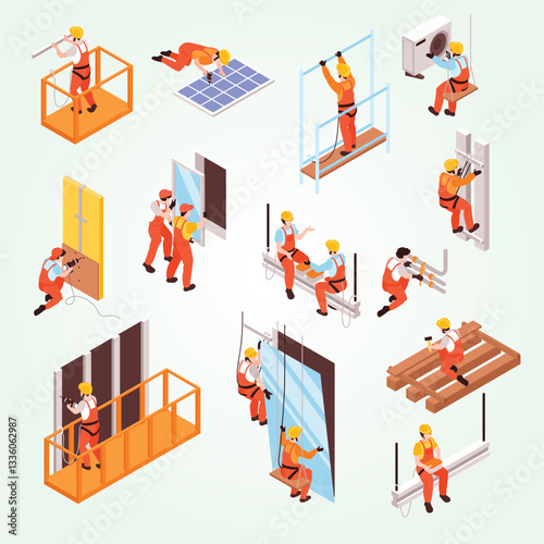 Builders and fitters Isometric illustration profession laborer foreman support