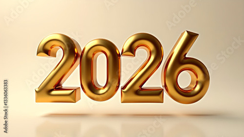 A large golden metallic 3D text 2026 on a transparent background, reflecting light with a shiny and glossy surface