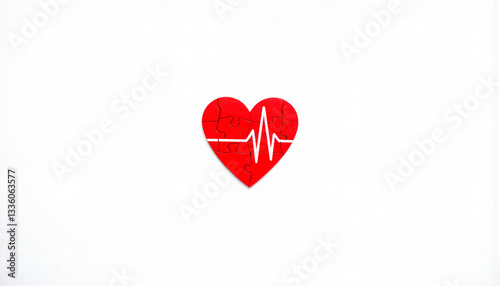 Red heart puzzle piece with heartbeat line on white background