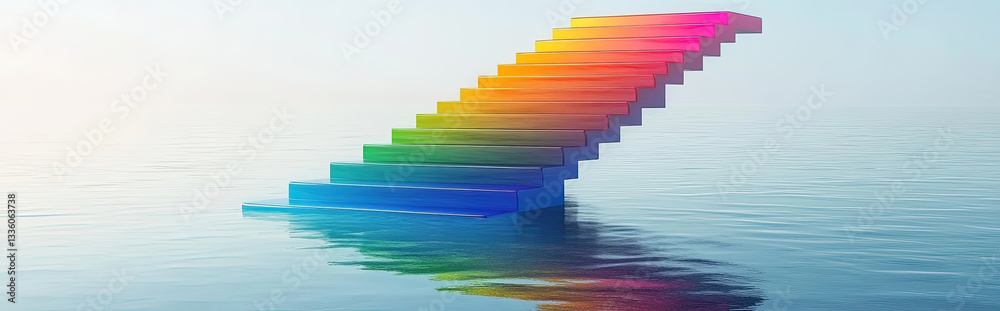 A minimalistic surreal illustration of a rainbow staircase emerging from a calm pond, each step a color of Pride, leading skyward A minimalistic surreal illustration of a rainbow staircase emerging from a calm pond, each step a color of Pride, leading skyward