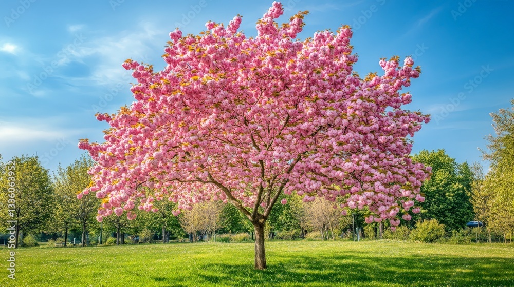 Naklejka premium Vibrant cherry blossom tree in full bloom under blue sky in springtime
