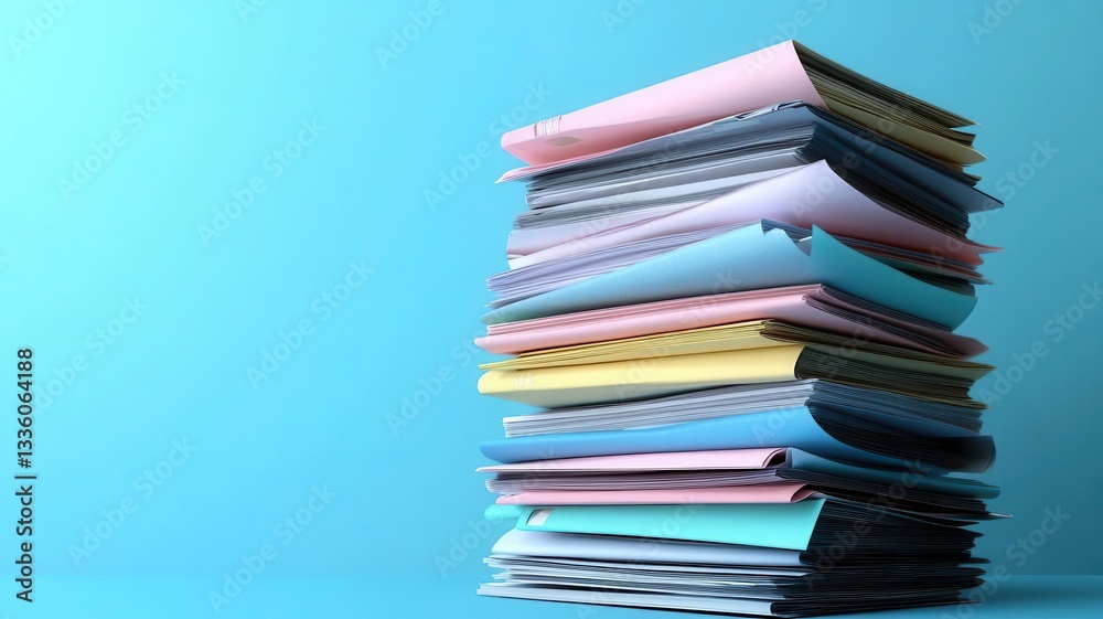 Stack of neatly arranged documents flat design top view paperwork organization theme 3D render colored pastel Stack of neatly arranged documents flat design top view paperwork organization theme 3D render colored pastel