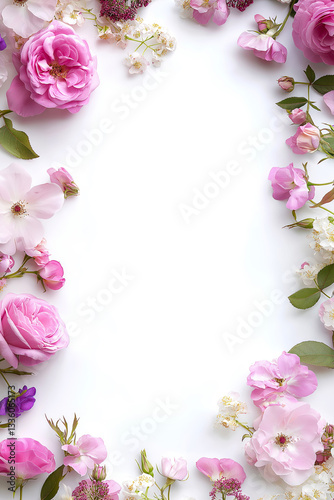 Floral frame made of pink and white roses, peonies, and small flowers creating a border on a white background.