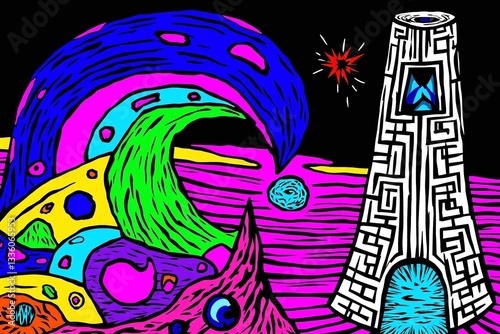 colorful illustration of a womans face in the middle of a psychedelic landscape