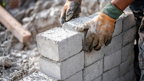 Wallpaper Mural Close-up of construction workers assembling concrete blocks to build house walls, highlighting teamwork, precision, and the masonry process in residential construction.
 Torontodigital.ca
